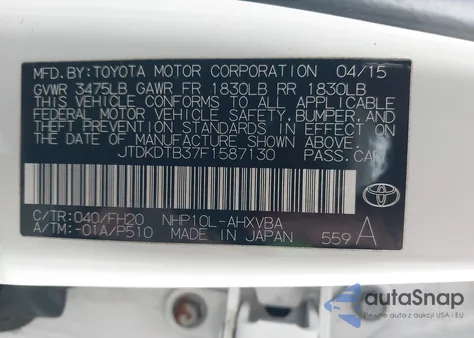 2015 Toyota Prius C Four/One/Three/Two из США, поврежденный, VIN JTDKDTB37F1587130